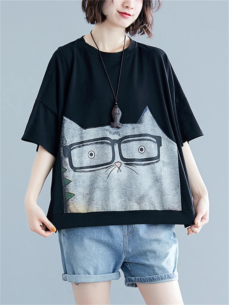 Summer Fashion Cartoon Cat Print T-shirt