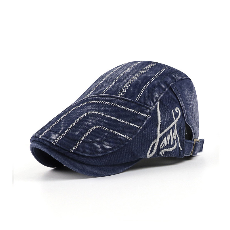 Unisex Cotton Embroidery Stripe Beret Hat Duckbill Golf Flat Buckle Visor Cabbie Cap for Men Women