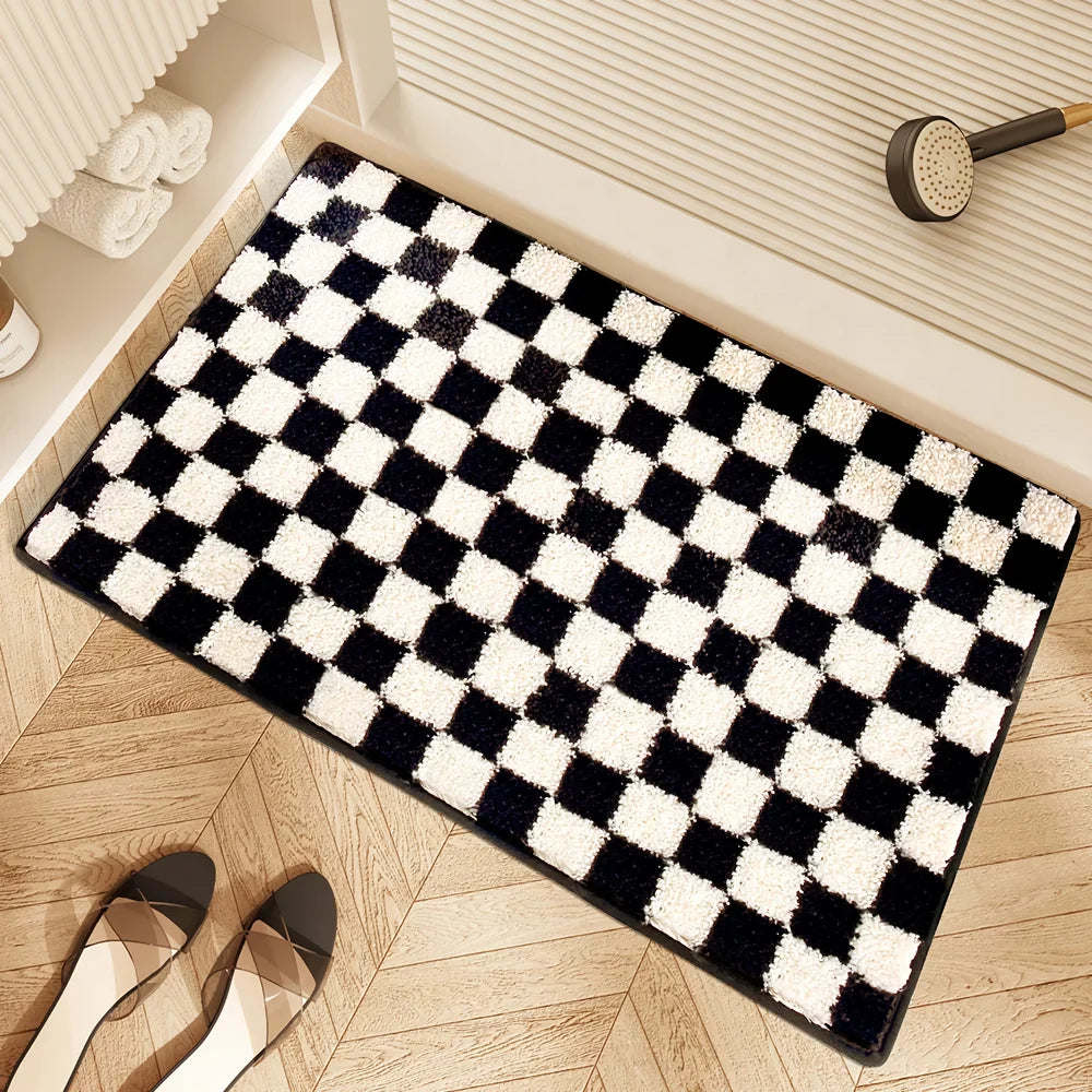 Black and White Grid Bathroom Absorbent Non-Slip Mat