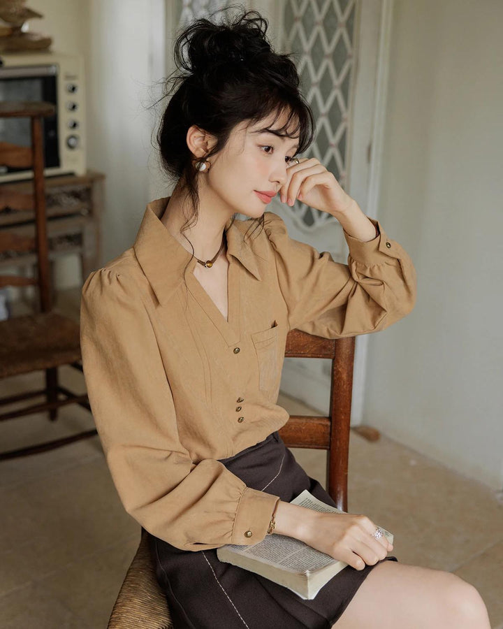 Women's Long-Sleeved V Neck Office Shirt