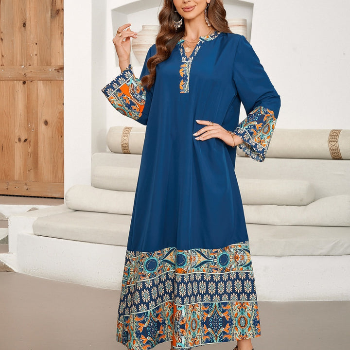 Printed Long Patchwork V-neck Elegant Mid-length Sleeve Dress