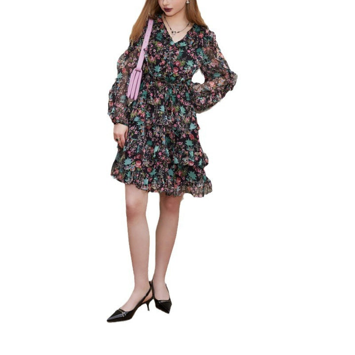 V-neck Long Sleeve Floral Dress Women's Slimming Small