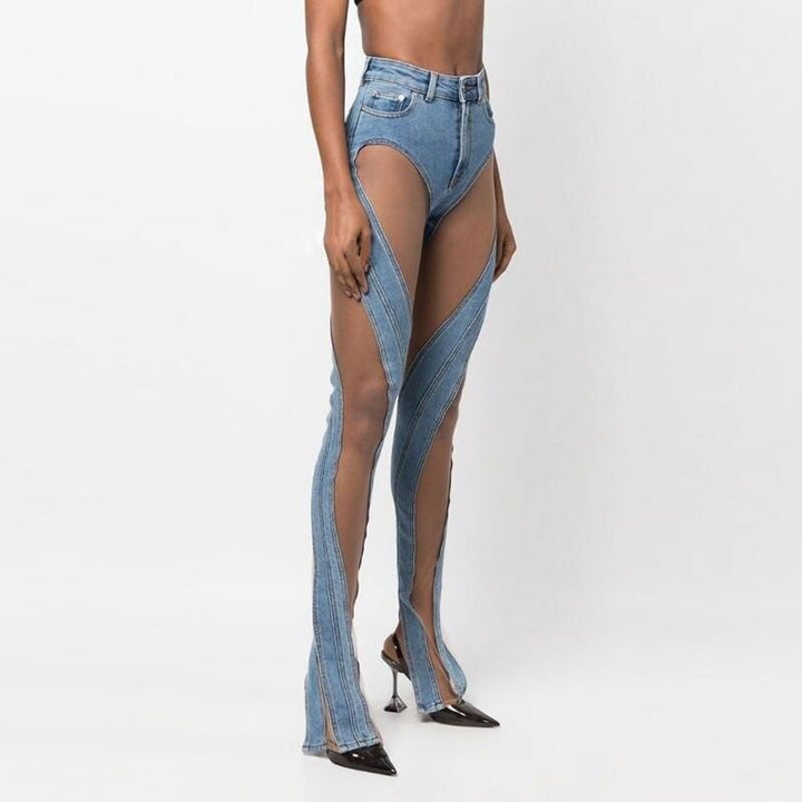 High Waist Sheer Mesh Patchwork Flare Denim Pants