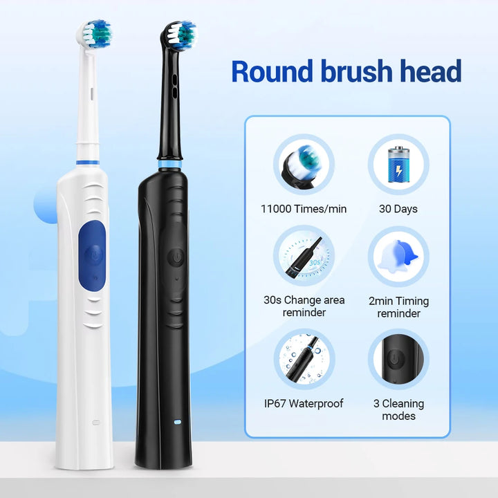 Rotary Electric Toothbrush for Adults – Smart Vibration with 3 Modes & 4 Replacement Heads