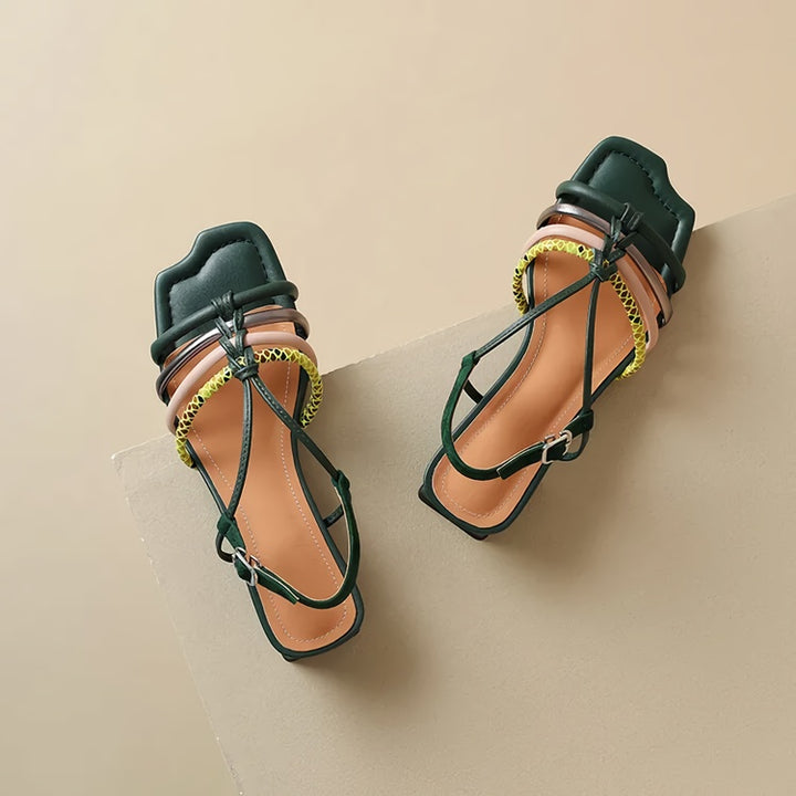 Colorful Roman Buckle Strap Sandals with Chunky Heel