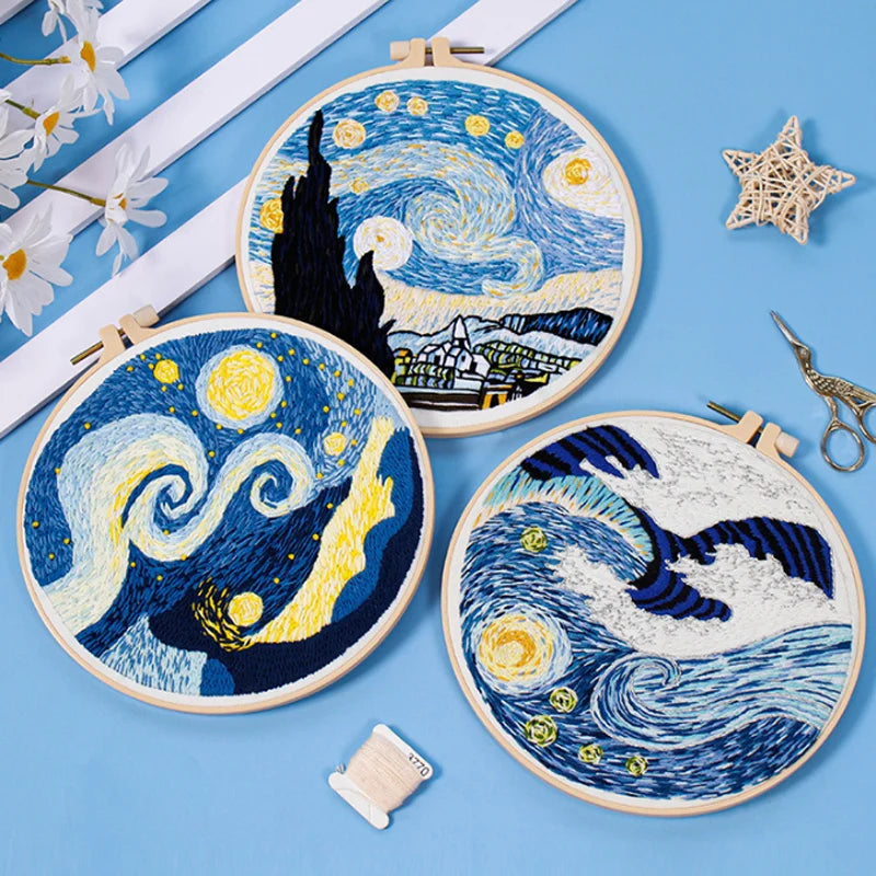 Embroidery Starter Kit with Van Gogh Starry Night Pattern