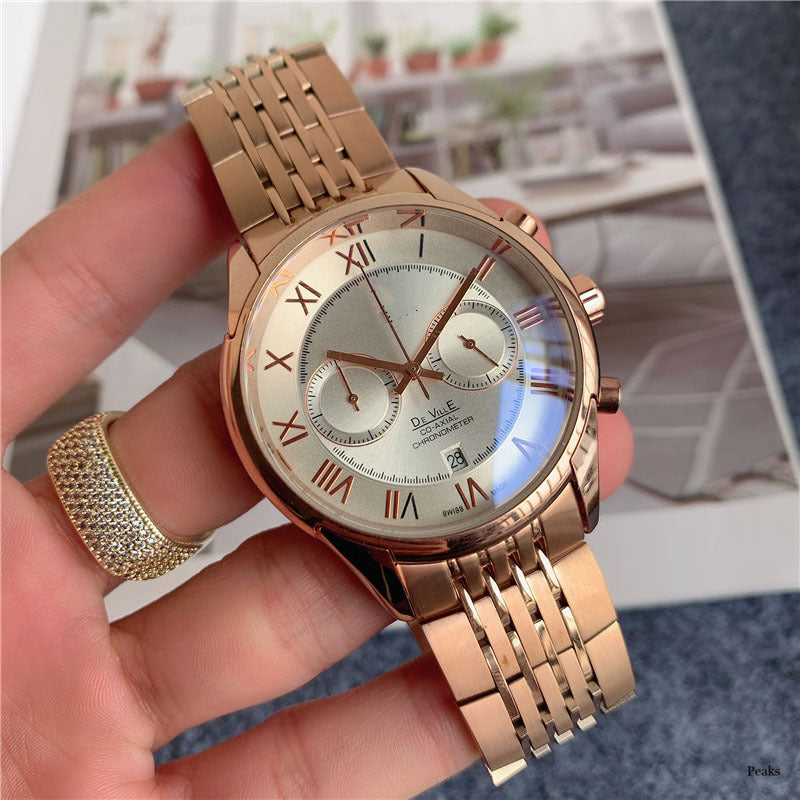 Fashionable Stainless Steel Band Multi-Function Five-Hand Calendar Trendy Casual Watch