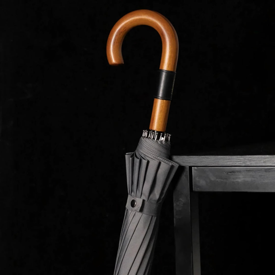 Windproof Long-Handle Umbrella - 16 Ribs, Wooden Handle, 120cm Diameter