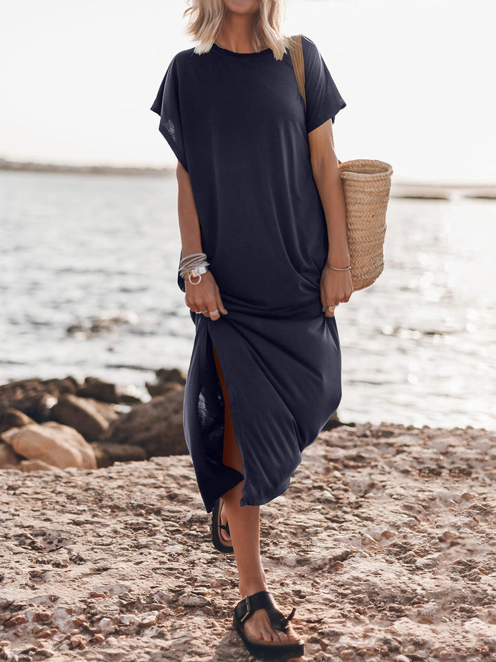 Short Sleeve Split Crew Neck Casual Loose Beach Dress