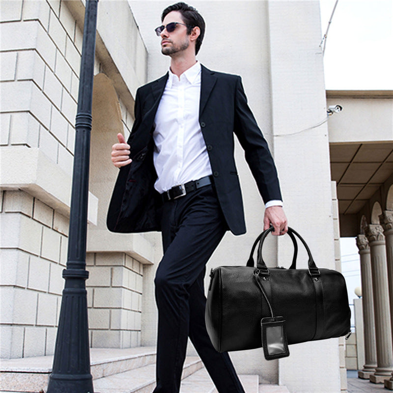 Men's Real-leather Traveling Black Gym Bag