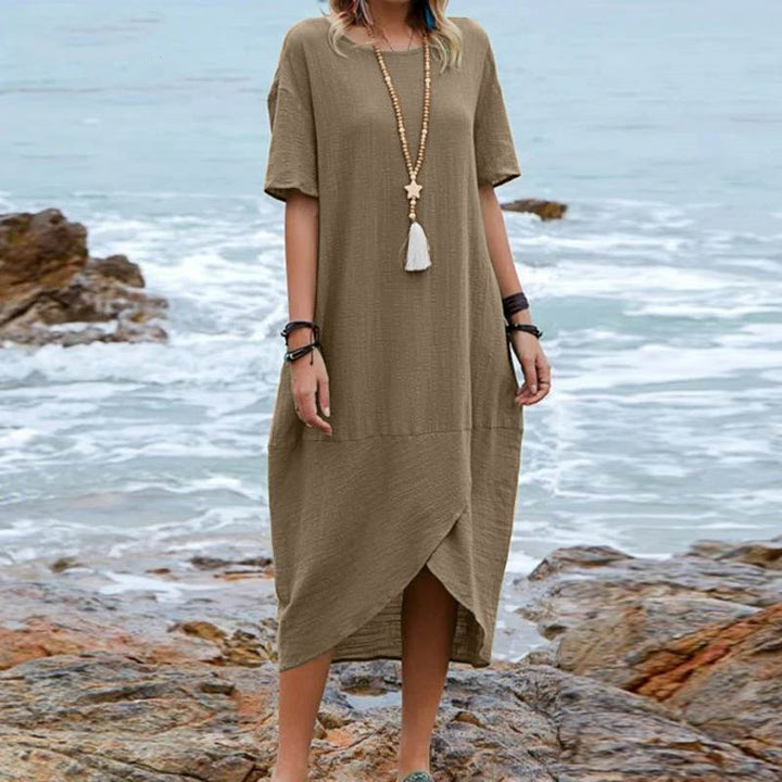 Women's Solid Color Retro Round Neck Short Sleeves Mid-length Dress