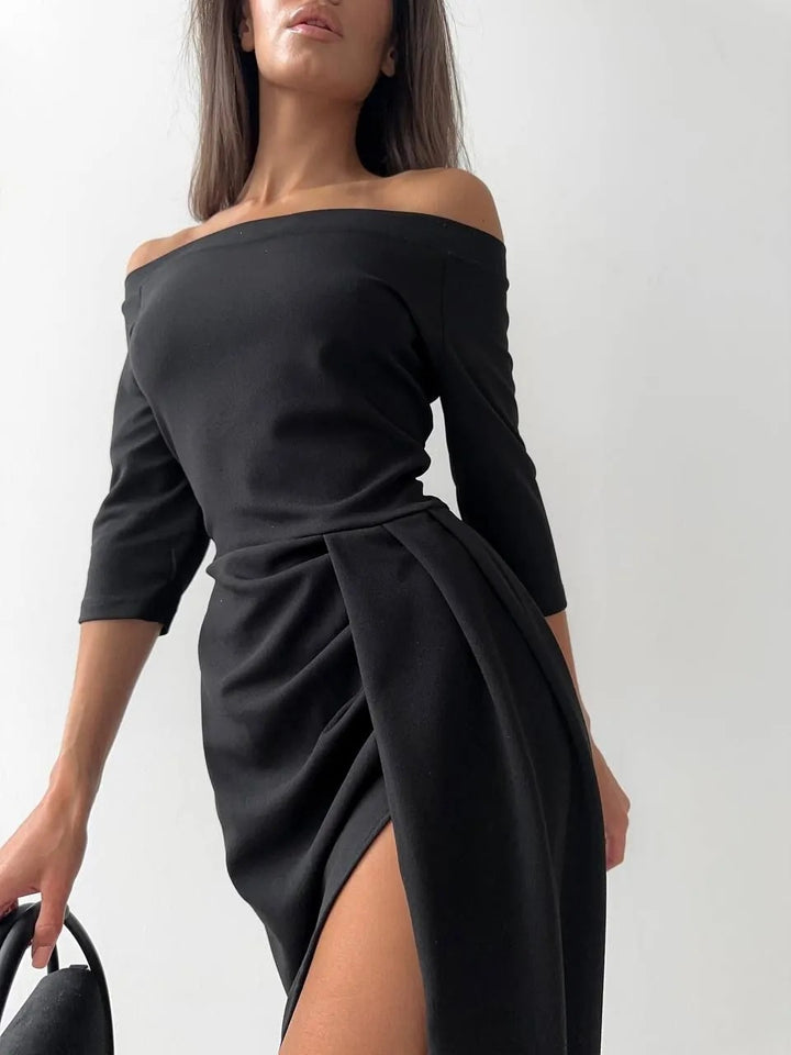 Women's Off-neck Long Sleeve Waist Slit Dress