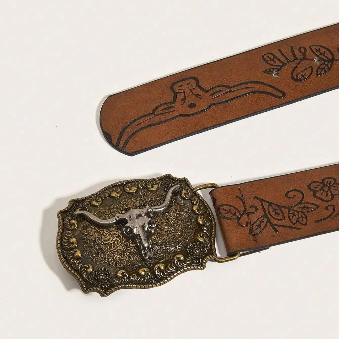 Vintage Western Cowboy Buckle Printed PU Leather Belt