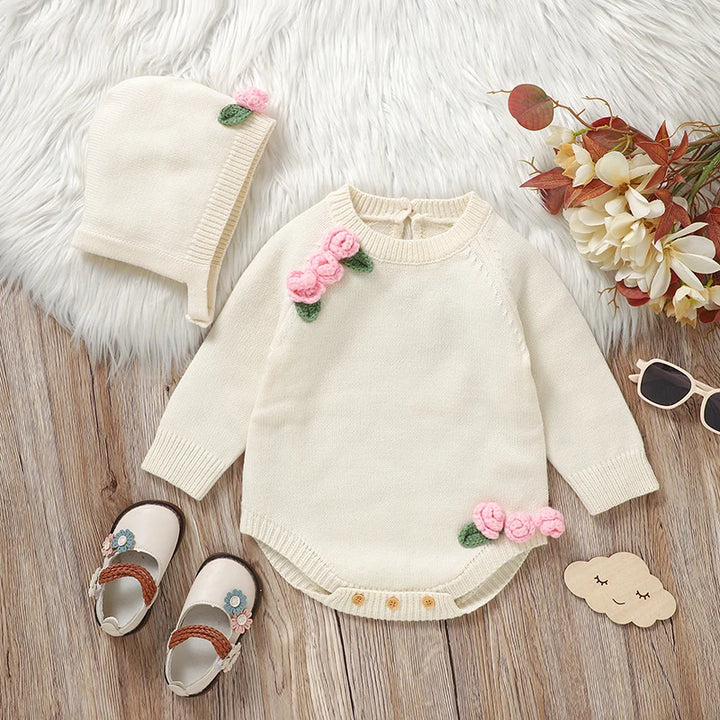 Newborn Baby Girl Long Sleeve Knit Bodysuit with 3D Floral Hat – 2pc Outfit Set