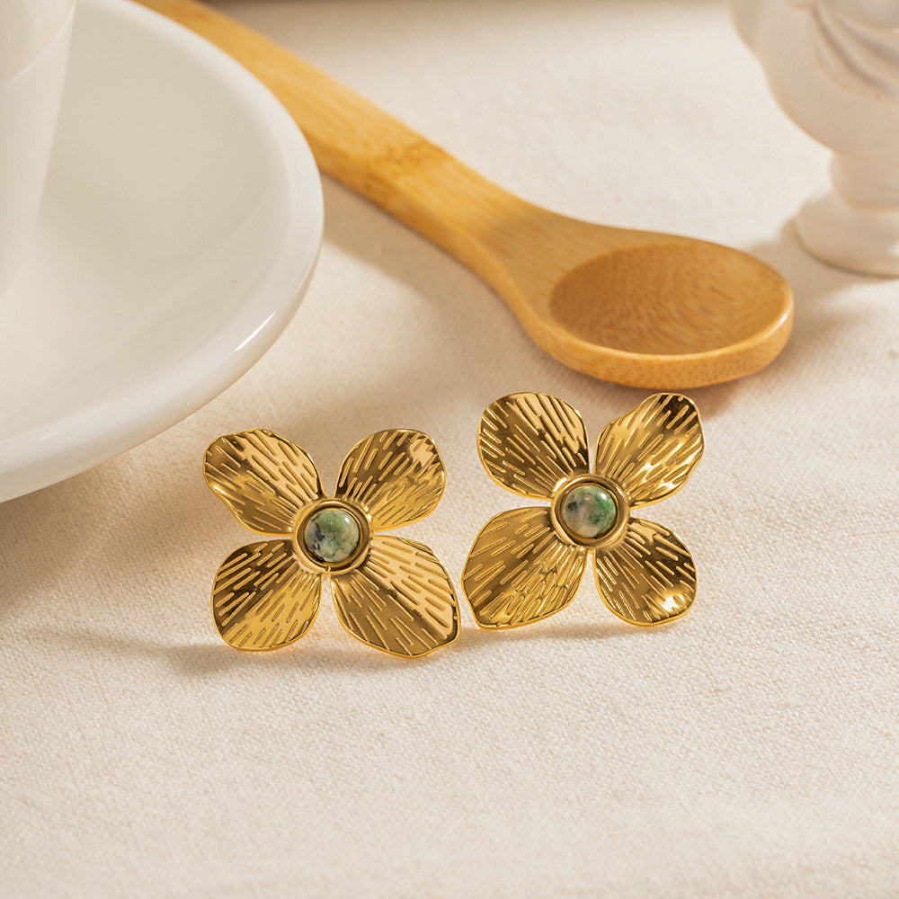 Vintage Flower Inlaid Natural Stone Stud Earrings