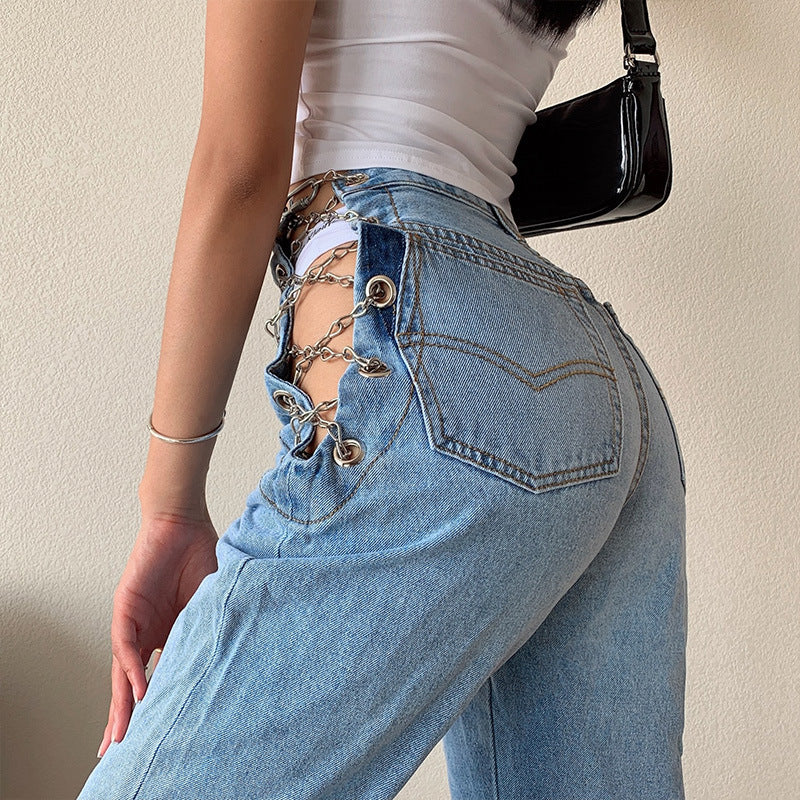 Metal Chain Cutout Design High Waist Jeans Sexy Straight Pants