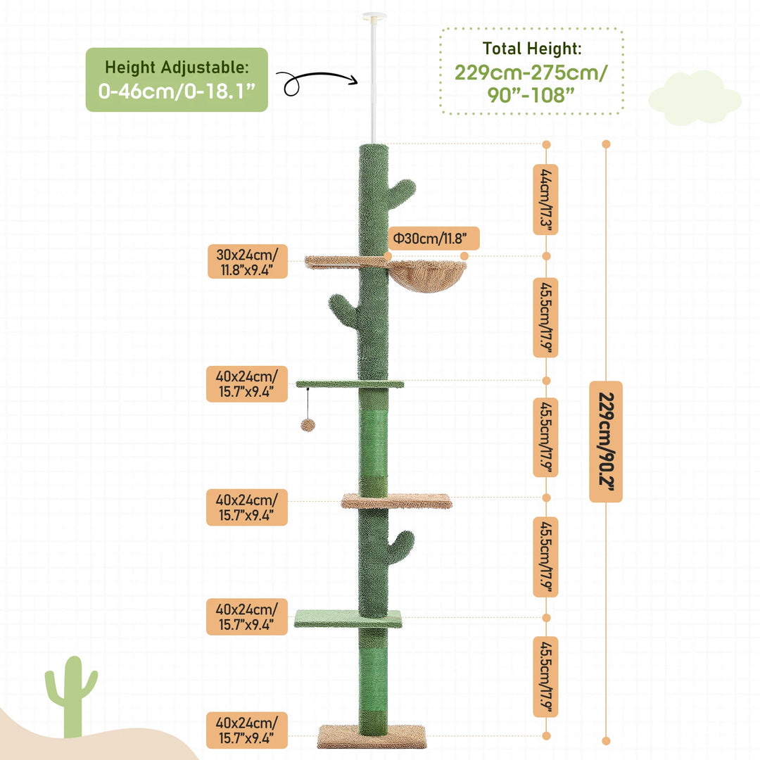 5-Tier Adjustable Floor-to-Ceiling Cat Tree Tower with Cactus Design, Hammock, and Scratching Post