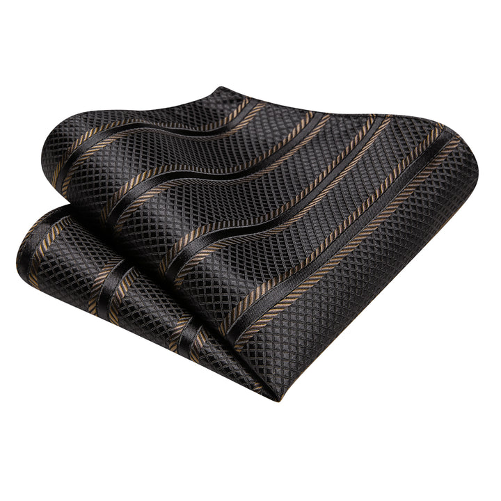 Black Brown Striped Necktie Set with Handkerchief and Cufflinks