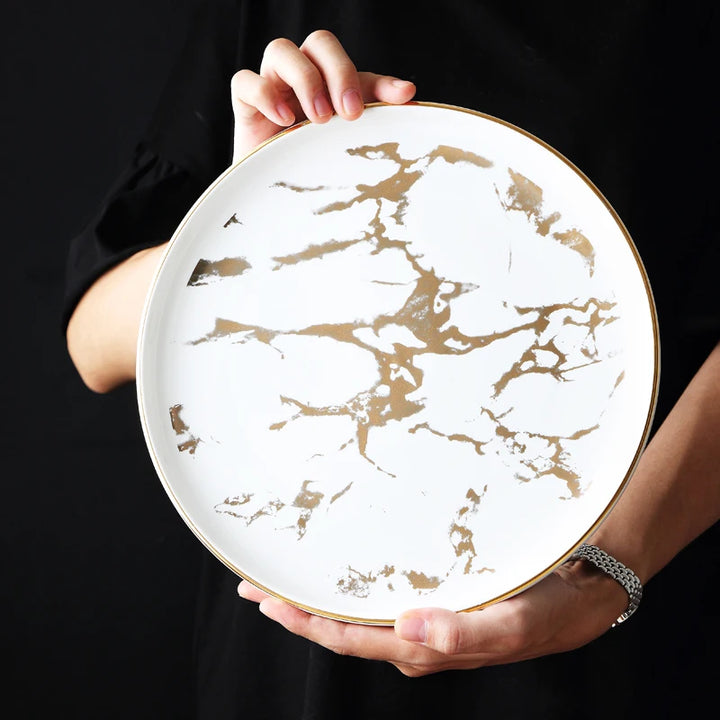 Elegant Nordic Ceramic Dinner Plates with Gold Inlay