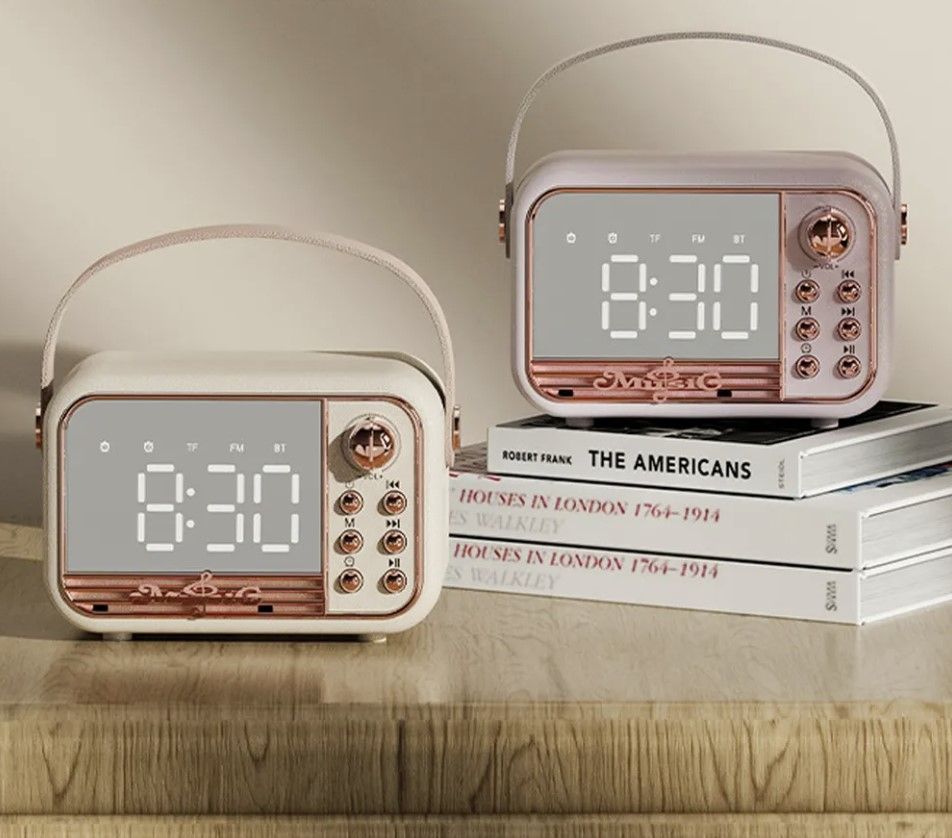 Retro-Style Portable HiFi Wireless Speaker with Alarm Clock and Stereo Sound