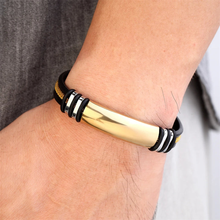 Stylish Men's Stainless Steel & Silicone Grooved Rudder Wristband