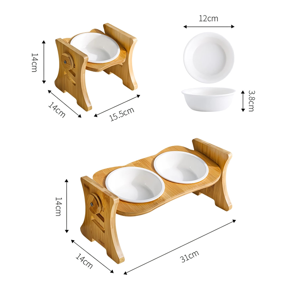 Elevated Ceramic Pet Bowl with Wooden Stand - Double Raised Cat & Dog Food and Water Feeder