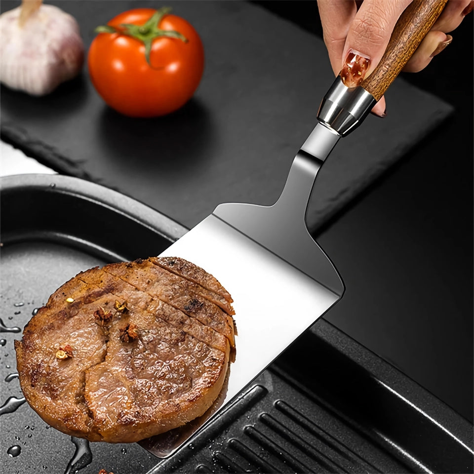 Stainless Steel Cooking Spatula with Wooden Handle - Teppanyaki, Pizza, Pancake, and BBQ Utensils