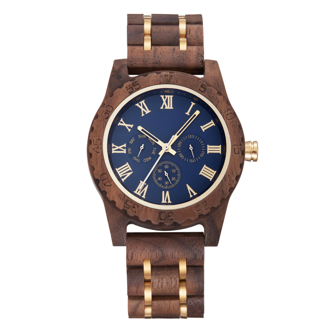 Retro Walnut Gold Multi-functional Men's Quartz Watch