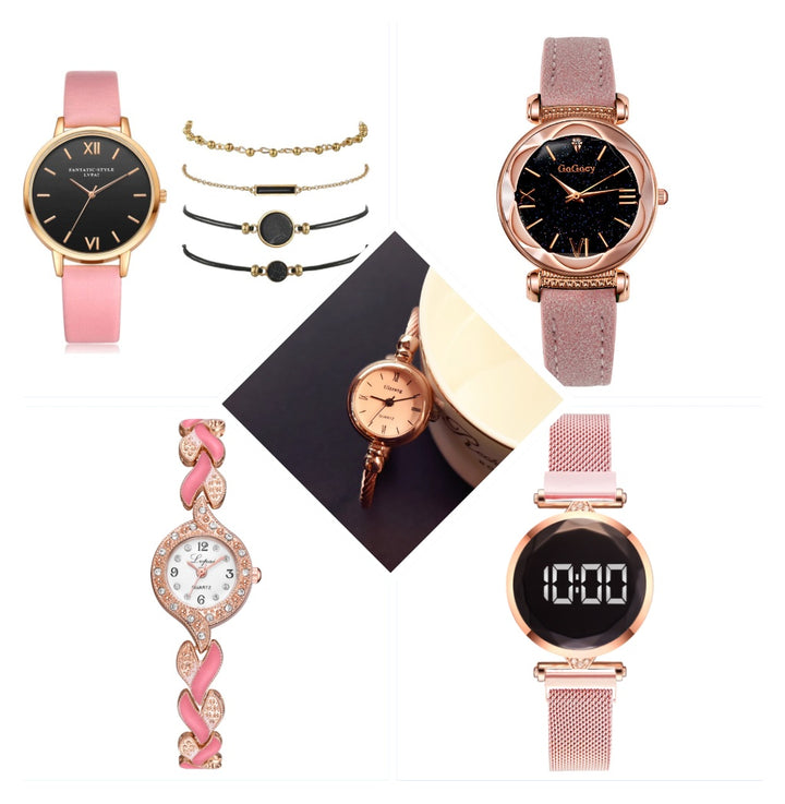 Ladies Watch PU Strap Alloy Quartz Strap Bracelet Set Combination