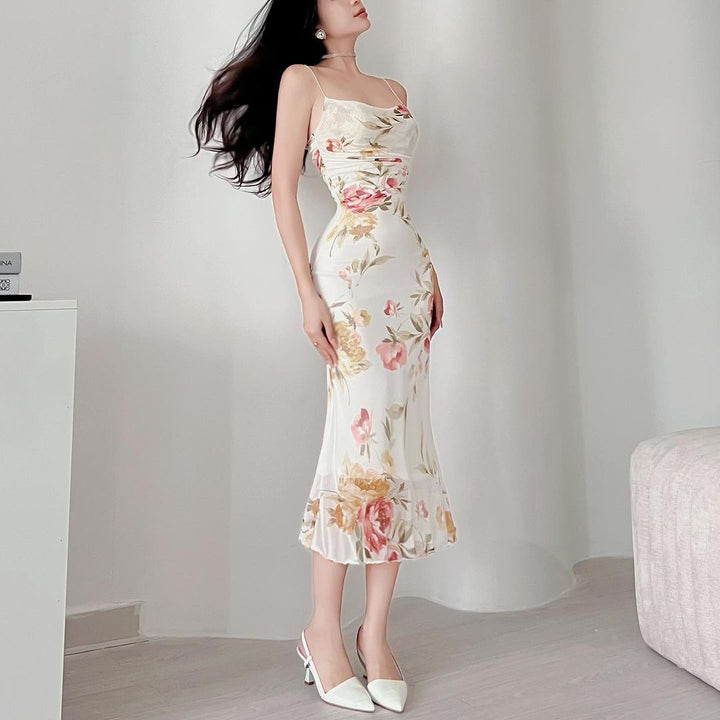 European And American Style Spaghetti-strap Floral Print Mesh Fishtail Swing Dress Women