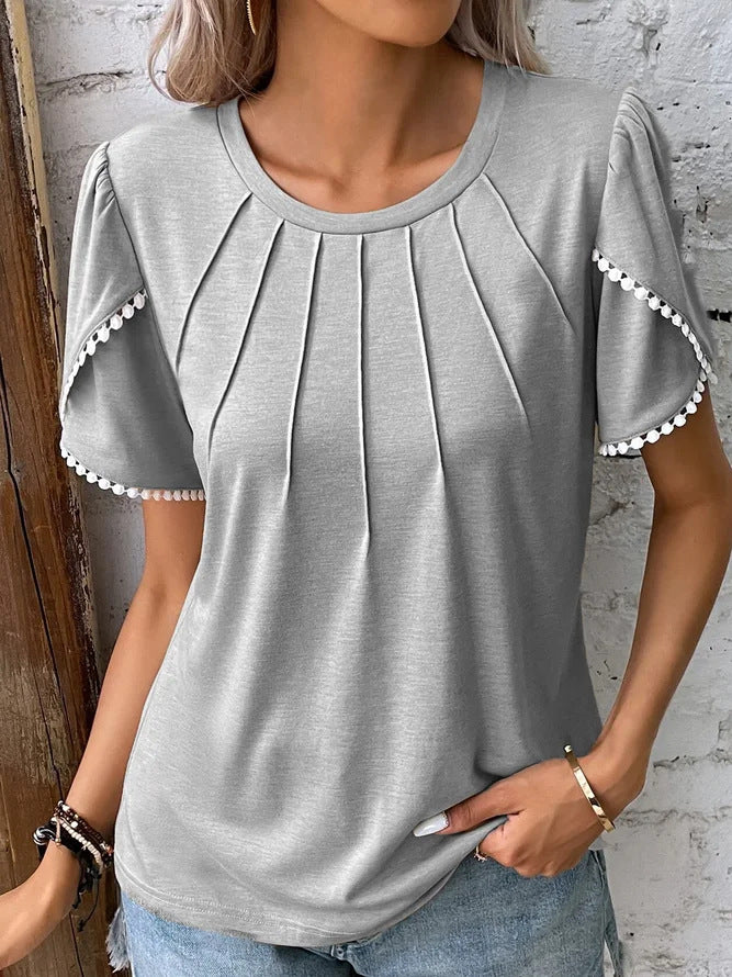 Summer Round Neck Tassel Tulip Sleeve T-shirt Casual Top For Women