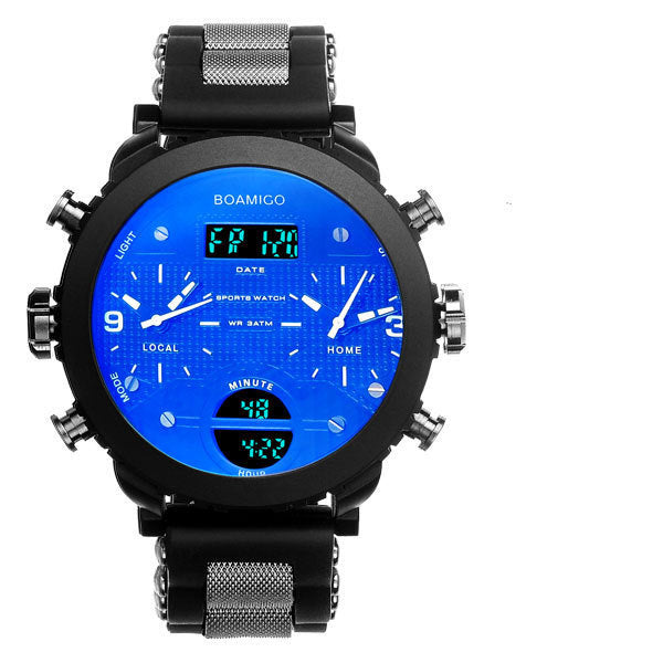 Men's watch electronic quartz double display watch 3 time zone waterproof watch