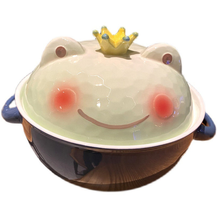 Ceramic Instant Noodle Cute Double-ear With Lid Cartoon Frog Soup Bowl