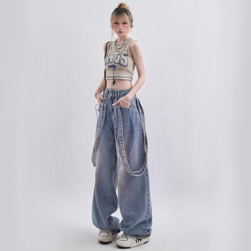 Spring Retro Minority Ribbon Design Versatile Washed Distressed Casual Pants