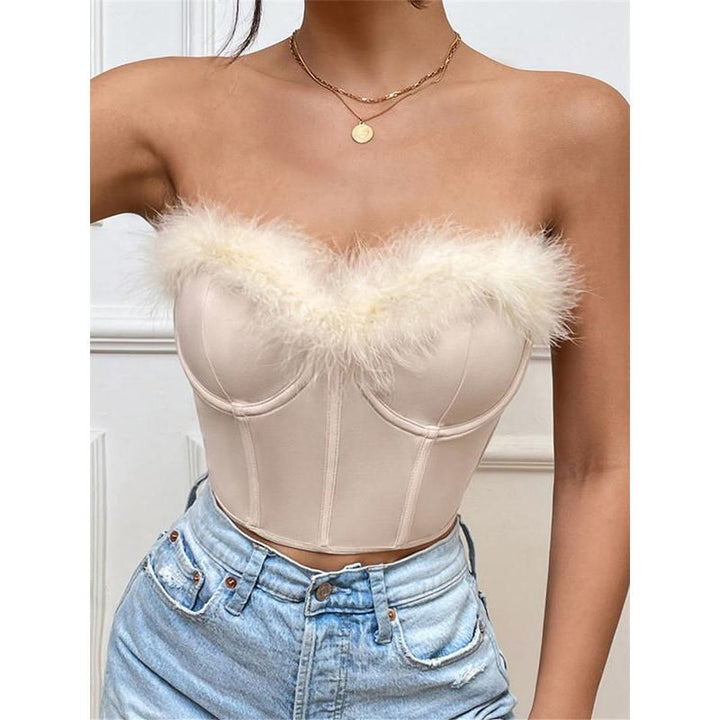 Chic Furry Trim Corset Tube Top