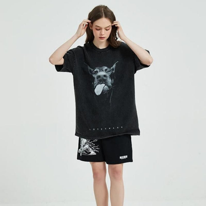 Oversized Hip Hop Streetwear T-Shirt with Vintage Doberman Dog Graphic