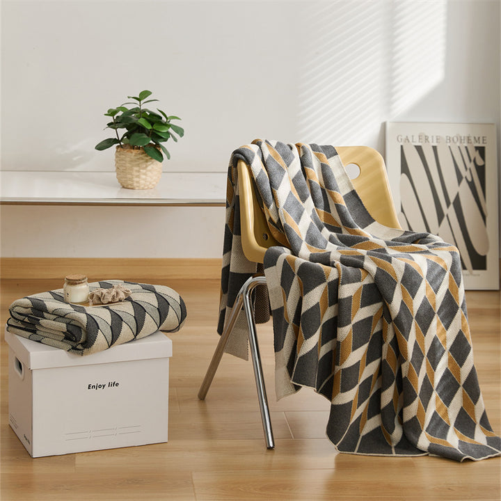 3D Cube Cotton Knitted Plaid Blanket - Delicate Nordic Bedspread