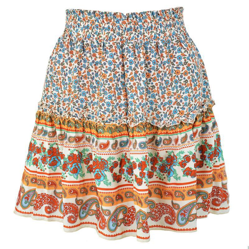 Ethnic Women Elastic Waist Floral Ruffle Pleated Printed Mini Short Skirts