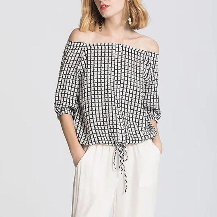 Elegant Silk Crepe Plaid Print T-Shirt