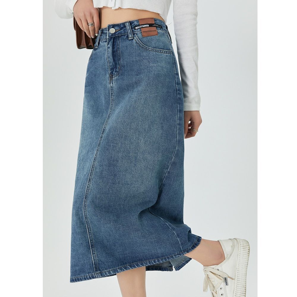 Classic Blue A-Line Midi Denim Skirt