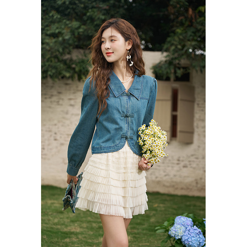 Casual Denim Shirt with Turn-down Collar