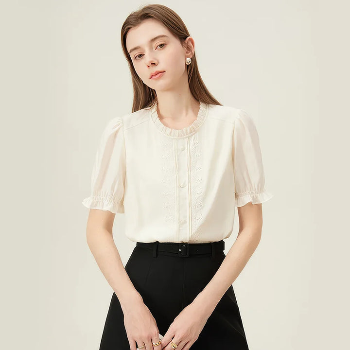 Simple Commuting Short-sleeved Embroidered Top Shirt for Women