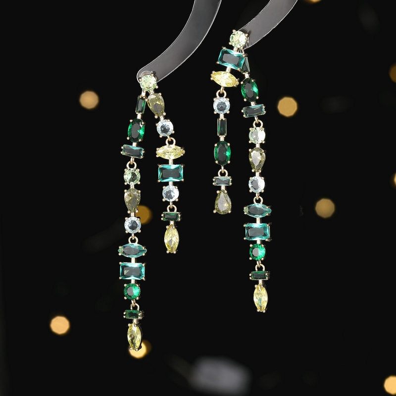 Geometric Color Zircon Double Tassel Earrings