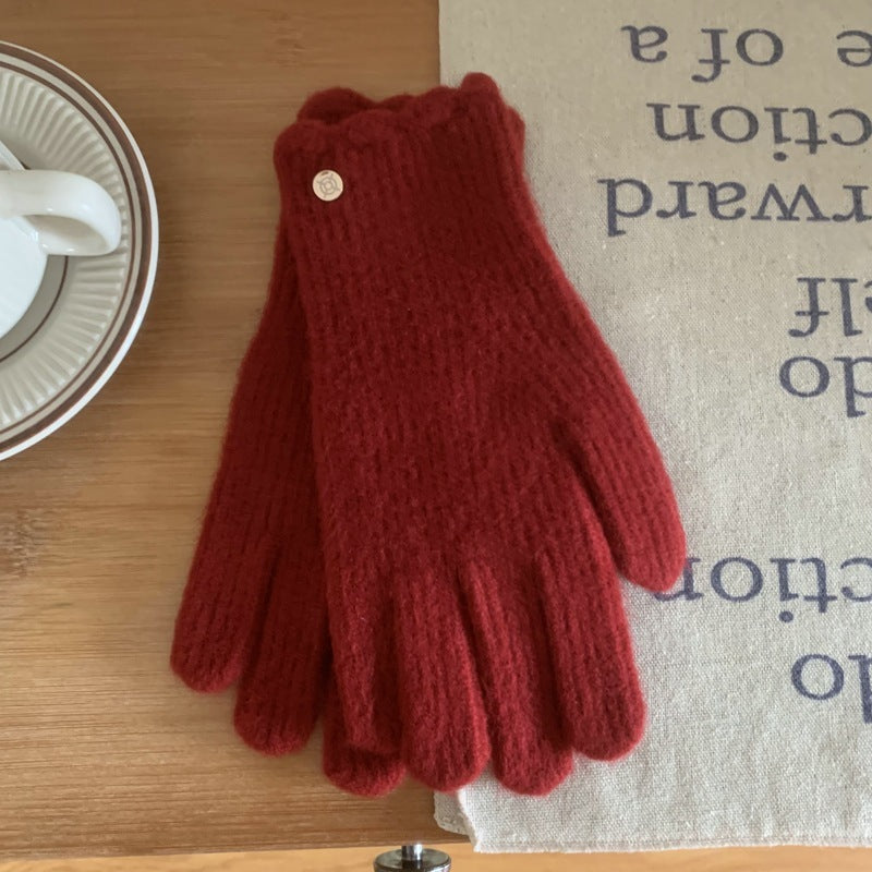 Winter Solid Color Woolen Ruffled Warm Gloves For Women