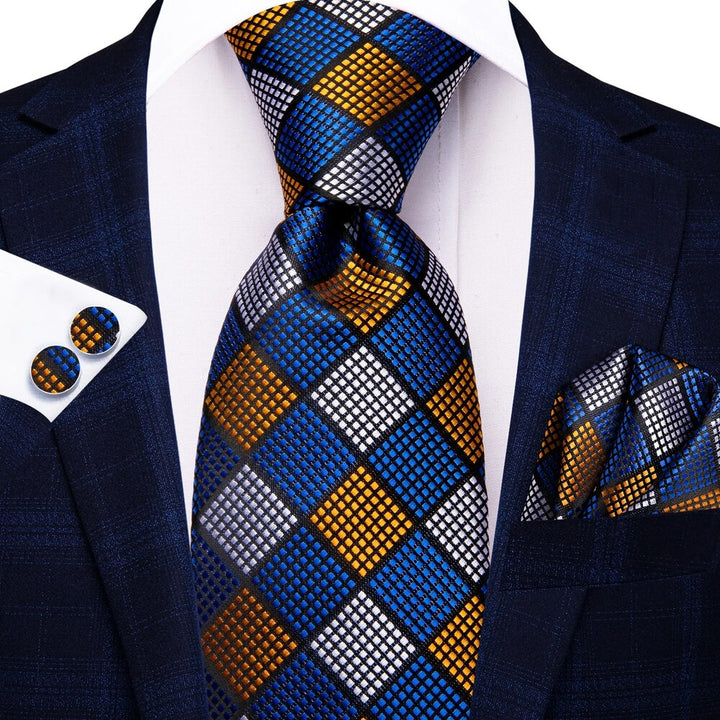 Blue & Gold Plaid Silk Necktie Set for Men