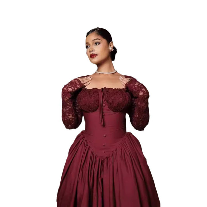 European And American Square Collar Lace Long Sleeve Puffy Midi Dress Tight Waist Solid Color Dress