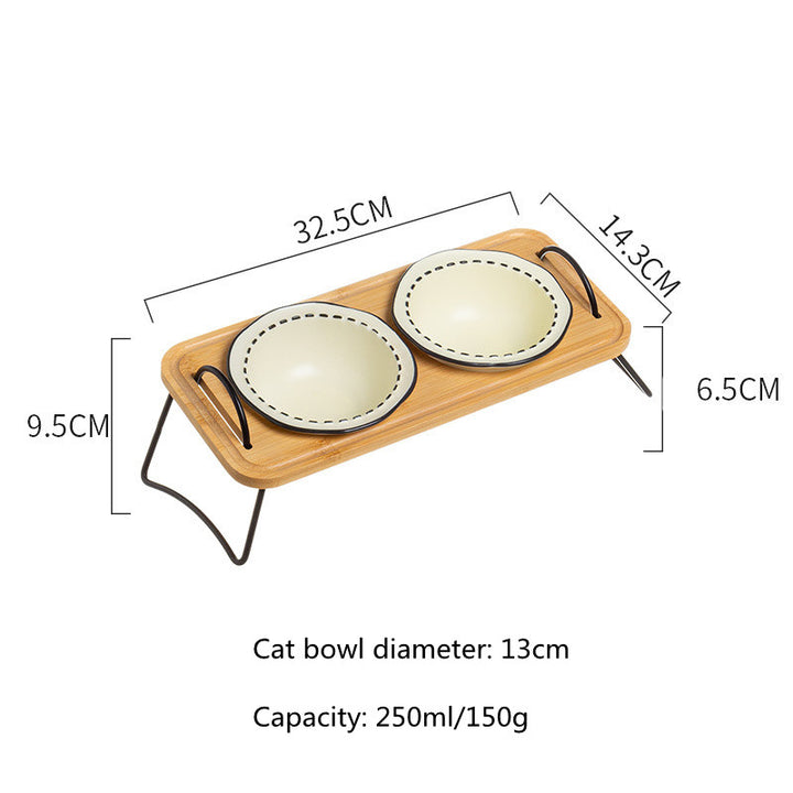 Ceramic Dog & Cat Bowl with Wood Stand