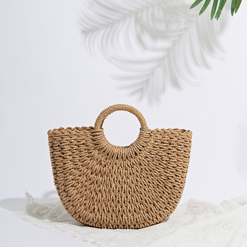 Handwoven Rattan Beach Handbag with Acrylic Chain