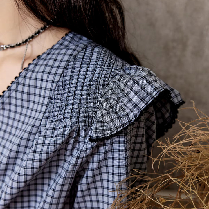 Plaid Ruffle Sleeve V-Neck Blouse