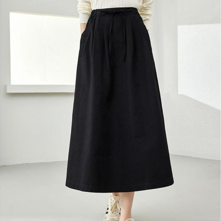 Elegant Black Cotton Midi Skirt with Pockets